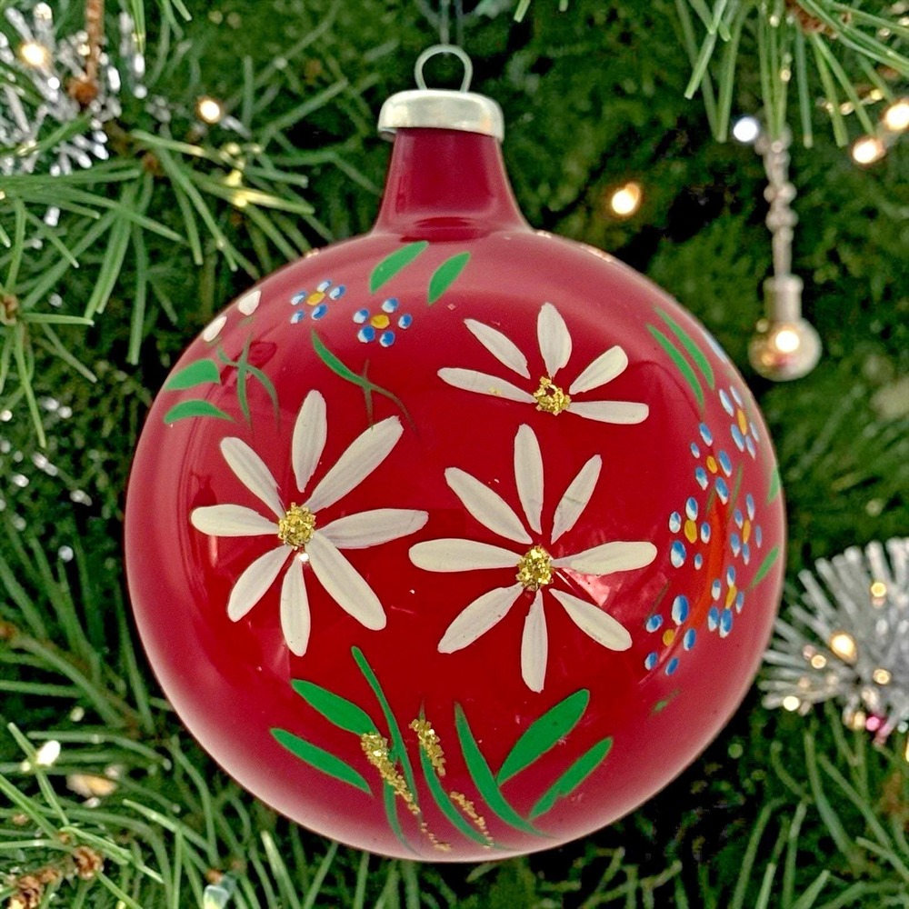 Italy Ornament Unisex 3" Red Good Hand Painted Daisy Flower Glass Ball Vintage